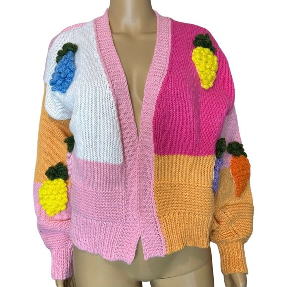 Women Open Knit Sweater Cardigan Medium Pink Orange Colorblock Fruit Embroidery - Picture 6 of 15